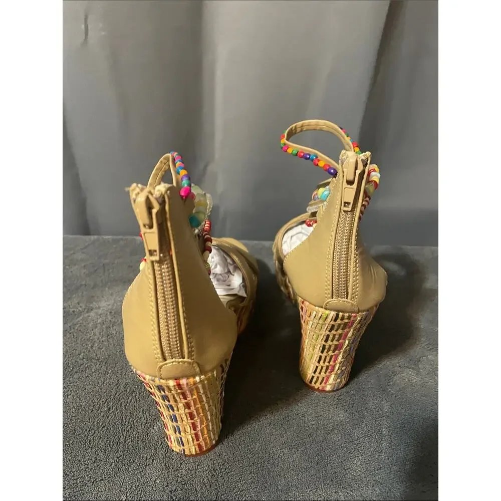Tan Beaded Ankle-Wrap Wedge Sandals